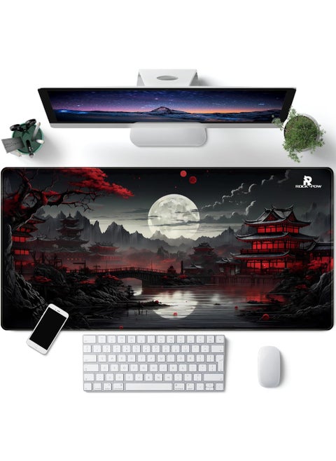 حصيرة مكتب يابانية Riverside Full Moon Desk Pad باللونين الأسود والأحمر، لوحة ماوس كبيرة للألعاب، لوحة ماوس ممتدة XXL، لوحة لوحة مفاتيح 31.5 × 15.7 بوصة، ماوس كمبيوتر محمول، حصيرة لوحة مفاتيح لديكور مكتب المكتب