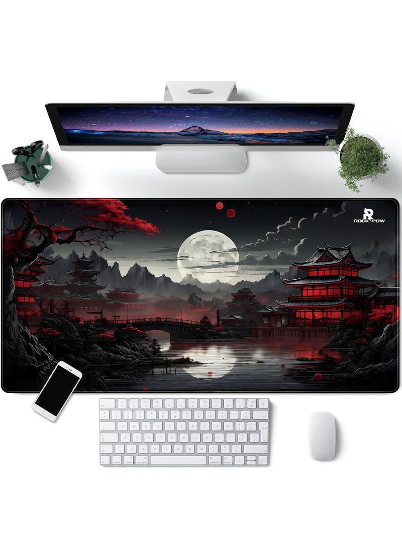 Rock Pow Japanese Desk Mat Riverside Full Moon Desk Pad Black Red Large Mouse Pad Gaming Mousepad Extended XXL Keyboard Pad 31.5 x 15.7 in Laptop Computer Mouse Keyboard Mat for Office Desk Decor  - Image 1