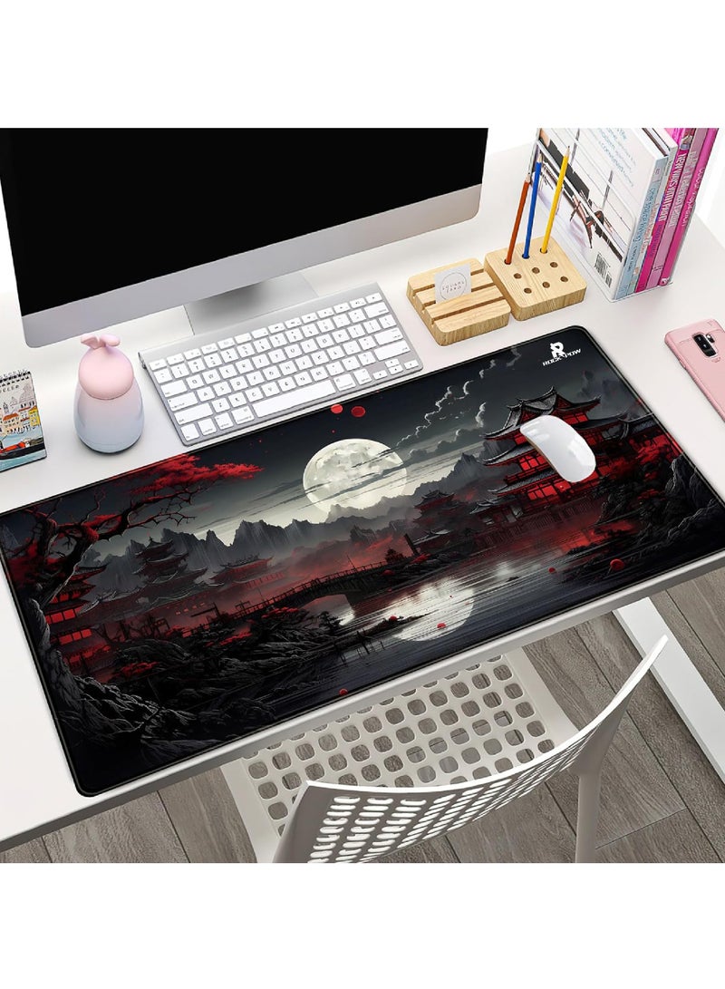 Rock Pow Japanese Desk Mat Riverside Full Moon Desk Pad Black Red Large Mouse Pad Gaming Mousepad Extended XXL Keyboard Pad 31.5 x 15.7 in Laptop Computer Mouse Keyboard Mat for Office Desk Decor  - Image 2