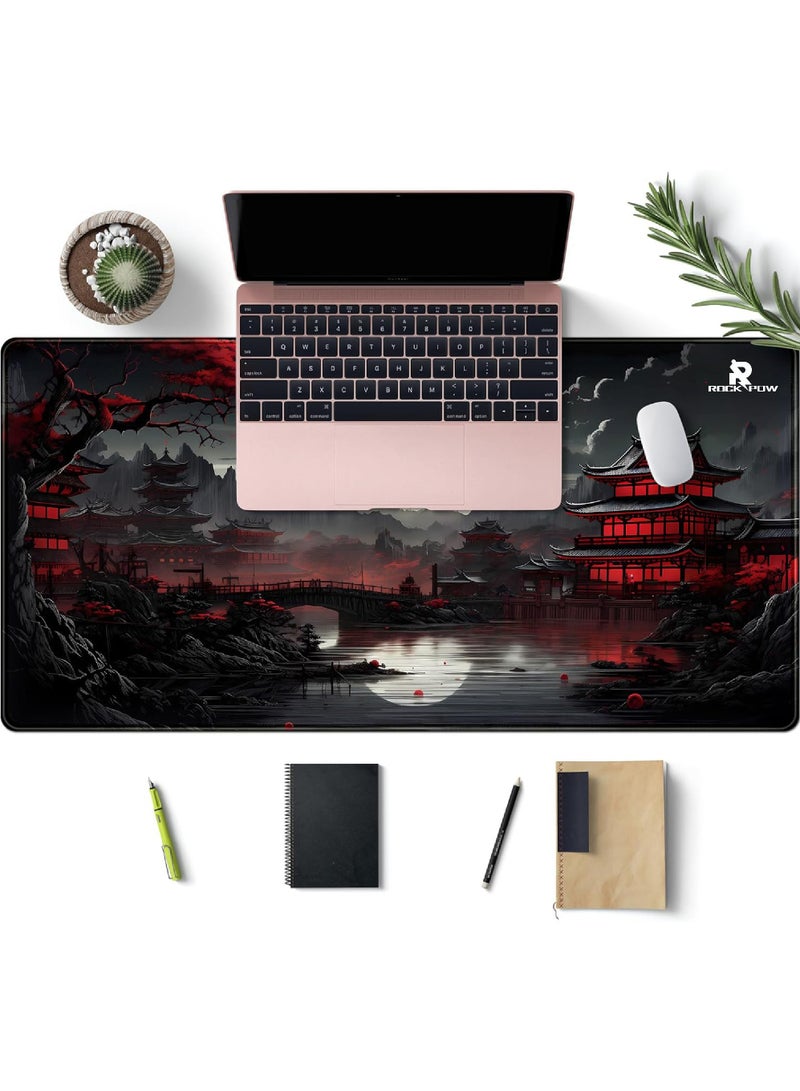 Rock Pow Japanese Desk Mat Riverside Full Moon Desk Pad Black Red Large Mouse Pad Gaming Mousepad Extended XXL Keyboard Pad 31.5 x 15.7 in Laptop Computer Mouse Keyboard Mat for Office Desk Decor  - Image 3