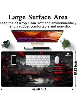 Japanese Desk Mat Riverside Full Moon Desk Pad Black Red Large Mouse Pad Gaming Mousepad Extended XXL Keyboard Pad 31.5 x 15.7 in Laptop Computer Mouse Keyboard Mat for Office Desk Decor - view 5