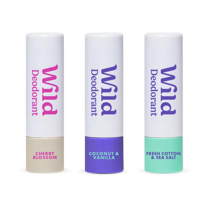 Wild Pack of 3 Aluminum Free Mini Deodorants in Fresh Cotton & Sea Salt, Coconut & Vanilla, Cherry Blossom Scents - 98% Natural Origin Ingredients - Small Size for Vacation & Travel - Plastic Free - Image 1