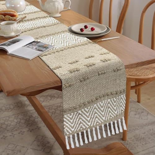 POSHREYA Cotton Table Runner for 4 6 Seater Dining Table|Centre Table|Coffee Table|Living Room|Table Decor|Eating Area|Decorative Runner|(14*72 INCHES)|Beige Zigzag|TRPS 038 - Image 1