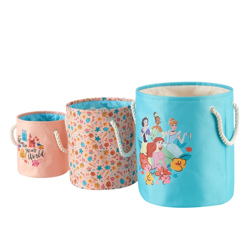 Idea Nuova Disney Princess 3 Piece Fabric Storage Basket Set, Nestable Toy Storage Bins with Rope Handles, Kids Bedroom & Nursery Organizer - Image 1