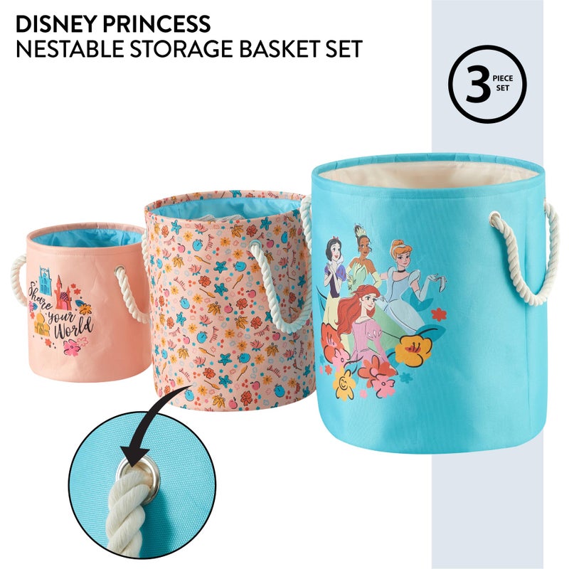 Idea Nuova Disney Princess 3 Piece Fabric Storage Basket Set, Nestable Toy Storage Bins with Rope Handles, Kids Bedroom & Nursery Organizer - Image 2