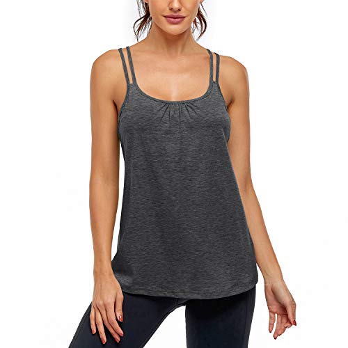 Hibelle Racerback Tank Tops for Women, Workout Tanks with Shelf Bra Strappy Athletic Yoga Running Exercise Gym Shirts Summer Casual Teen Girls Clothes Black Large - Image 2