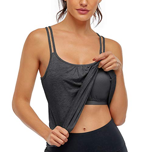 Hibelle Racerback Tank Tops for Women, Workout Tanks with Shelf Bra Strappy Athletic Yoga Running Exercise Gym Shirts Summer Casual Teen Girls Clothes Black Large - Image 1