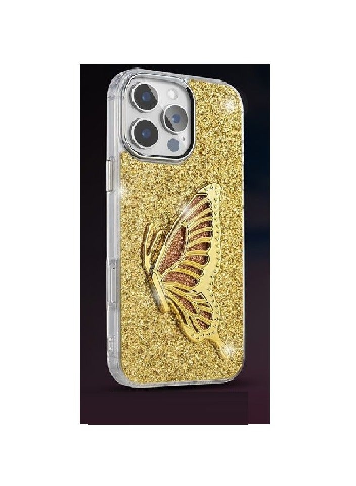 IP16 PRO SHINING BUTTERFLY CASE WITH STAND For   IPHONE 16 PRO (Design- 141) [Gold Color]