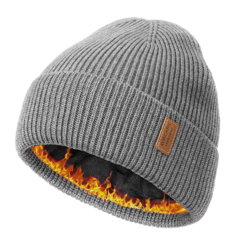 Wmcaps Merino Wool Fleece Lined Beanie Winter Hats for Men Women, Warm Thermal Kint Cap for Outdoor Grey - Image 1