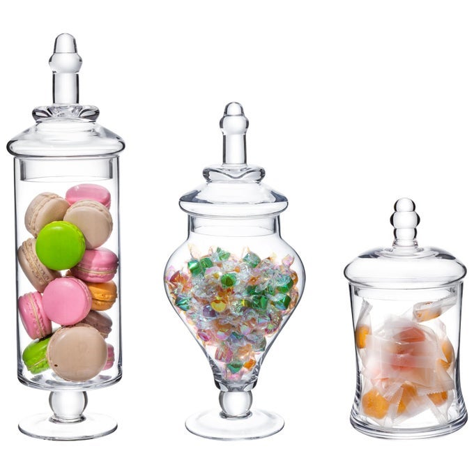 CLEAR GLASS APOTHECARY JARS WITH LID DECORATIVE FOOTED VASE CANDY BUFFET CONTAINERS SET OF 3