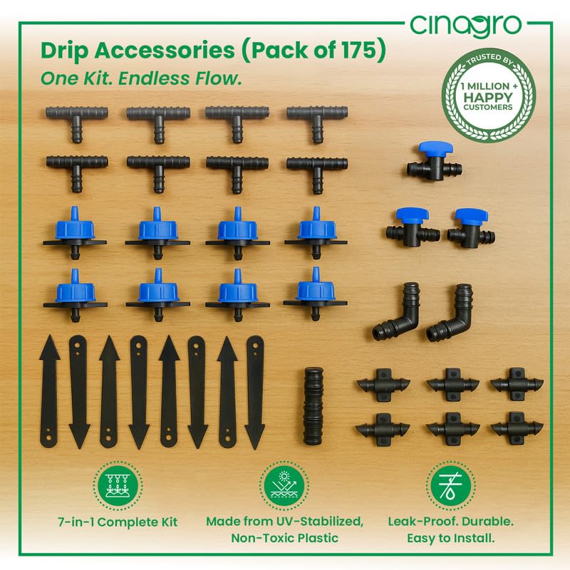 Cinagro Drip Irrigation Accessories Combo Kit, Pack of 175, 7-in-1 Complete Garden Watering Drip Set, Leak-Proof, Durable, UV-Stabilized, Easy to Install Leak-proof Connectors, Emitters & Stakes - Image 3