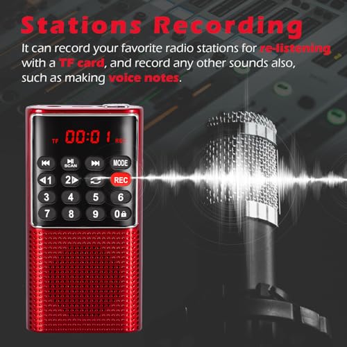 PRUNUS J-328 Mini Portable Pocket FM(NO AM) Radio Micro SD Card MP3 Player with Voice/FM Recording, Lock Button, Rechargeable Battery Operated(Red) - Image 3