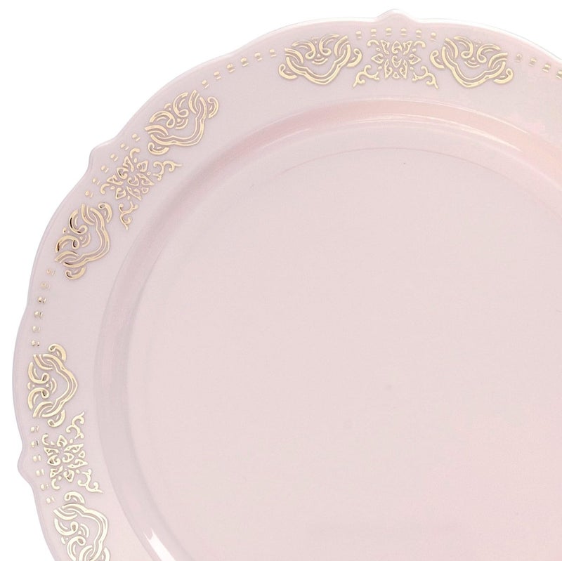 OCCASIONS FINEST PLA "" OCCASIONS "" 50 Plates Pack (25 Guests) Vintage Wedding Party Disposable Plastic Plate Set -25x10.25'' Dinner +25x7.5'' Salad/Dessert plates (Portofino Light Pink & Gold Accents) - Image 3