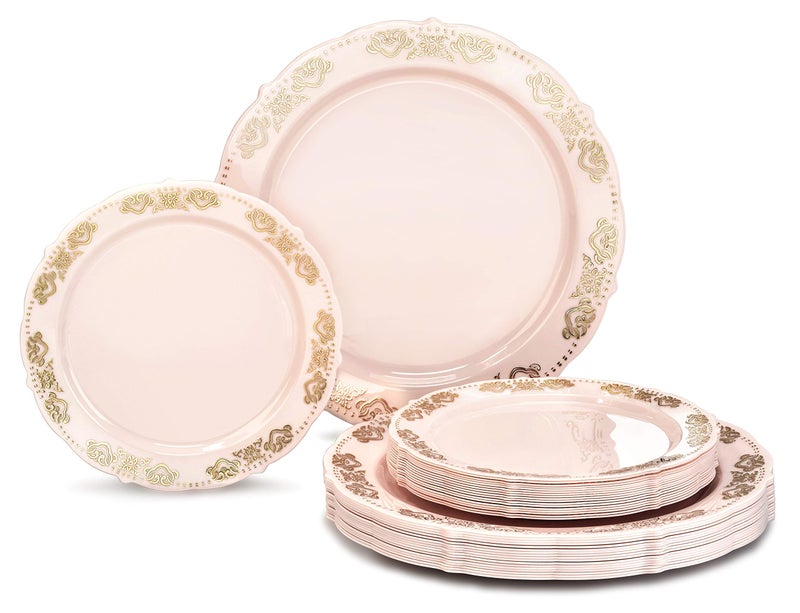 OCCASIONS FINEST PLA "" OCCASIONS "" 50 Plates Pack (25 Guests) Vintage Wedding Party Disposable Plastic Plate Set -25x10.25'' Dinner +25x7.5'' Salad/Dessert plates (Portofino Light Pink & Gold Accents) - Image 1