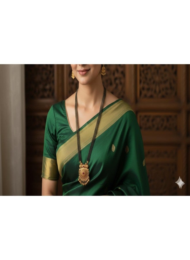 AAIKU Maharashtrian Traditional Temple Polish Pendant and Black Beads Golden Chain and Earrings Set Mangalsutra for Women and Girl Wedding Jewelry (36 Inch-4 line) - Image 2