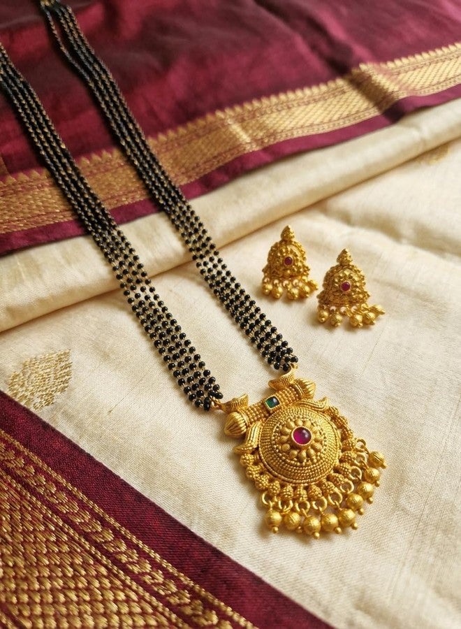 AAIKU Maharashtrian Traditional Temple Polish Pendant and Black Beads Golden Chain and Earrings Set Mangalsutra for Women and Girl Wedding Jewelry (36 Inch-4 line) - Image 5