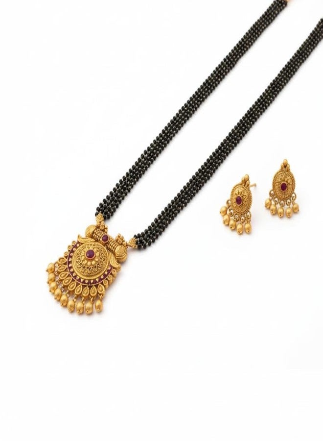 AAIKU Maharashtrian Traditional Temple Polish Pendant and Black Beads Golden Chain and Earrings Set Mangalsutra for Women and Girl Wedding Jewelry (36 Inch-4 line) - Image 1