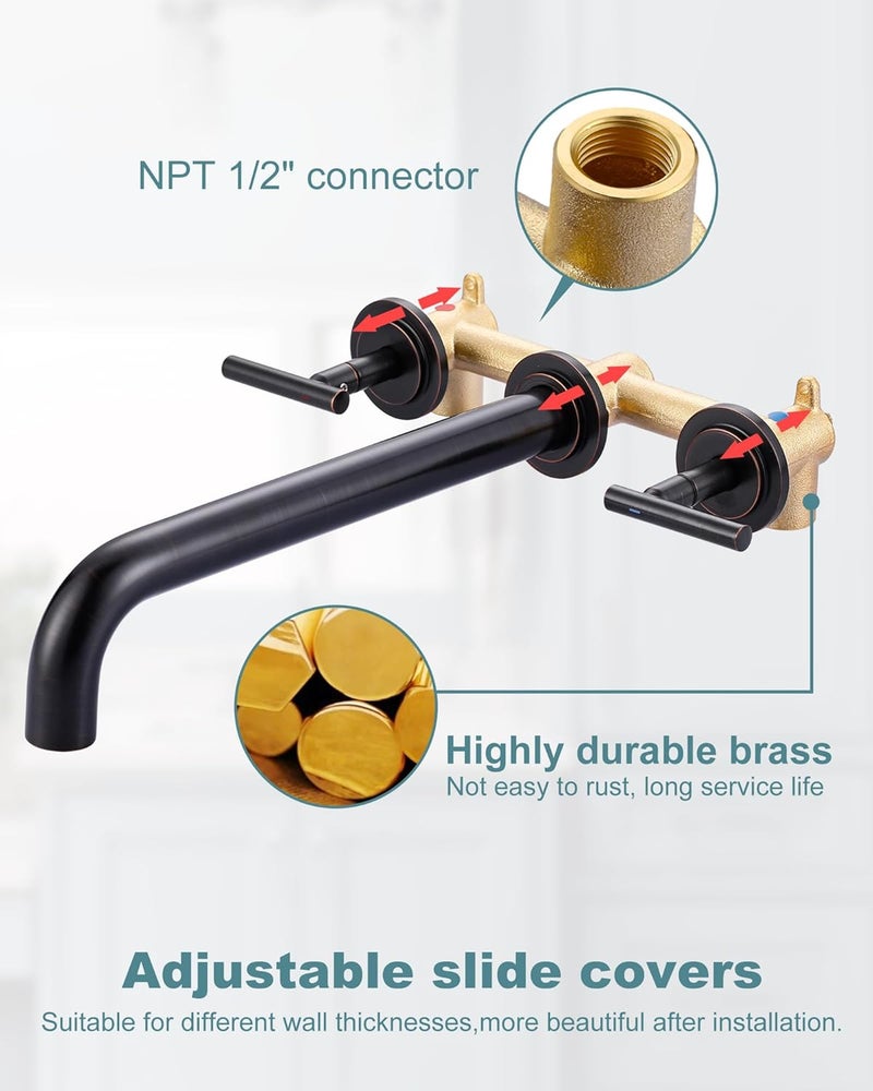 WOWOW Wall Mount Tub Filler: Oil Rubbed Bronze Bathtub Faucet Long Spout Reach, Bath Tub Filler Faucet 2 Handle Wall Mounted Bathtub Faucets with Brass Rough in Valve Included Wall Mounted Tub Faucet - Image 3