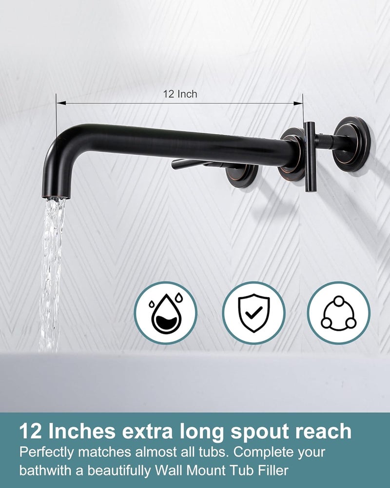 WOWOW Wall Mount Tub Filler: Oil Rubbed Bronze Bathtub Faucet Long Spout Reach, Bath Tub Filler Faucet 2 Handle Wall Mounted Bathtub Faucets with Brass Rough in Valve Included Wall Mounted Tub Faucet - Image 5