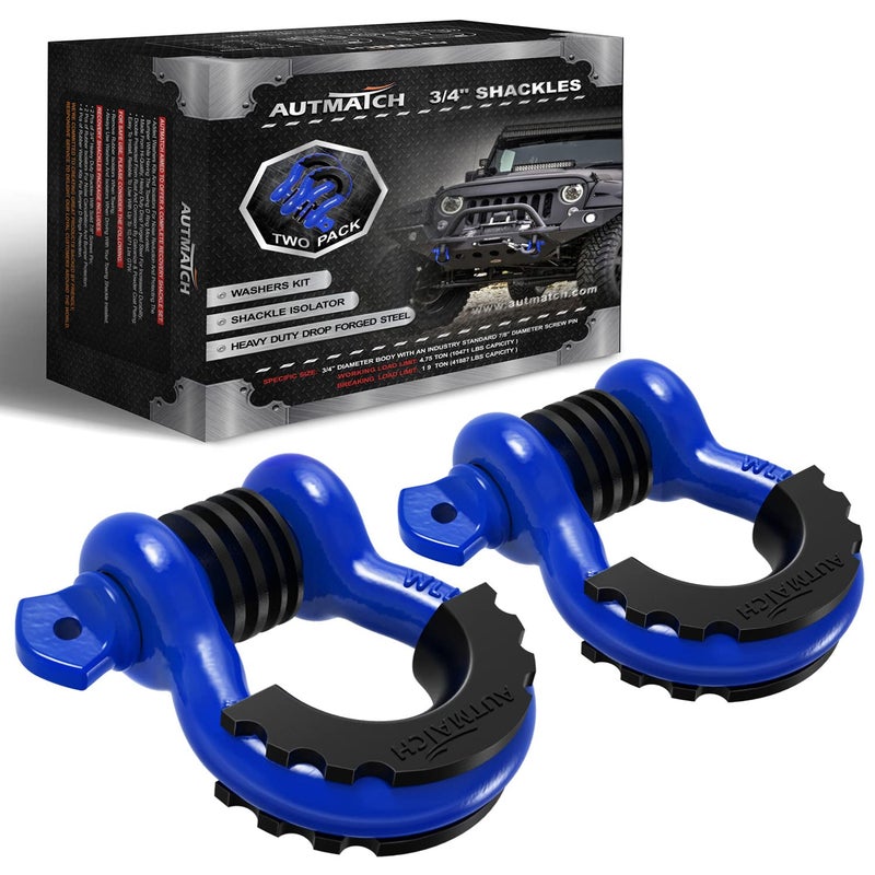 AUTMATCH D Ring Shackle 34 Shackles 2 Pack 41887Ibs Break Strength Clevis Shackle with 78 Screw Pin and Shackle Isolator Washers Kit for Tow Strap Winch Off Road Vehicle Recovery Blue