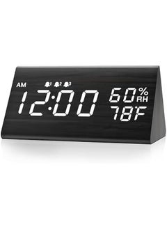 Digital Alarm Clock, with Wooden Electronic LED Time Display, 3 Alarm Settings, Humidity & Temperature Detect, Wood Made Electric Clocks for Bedroom, Bedside (Black)