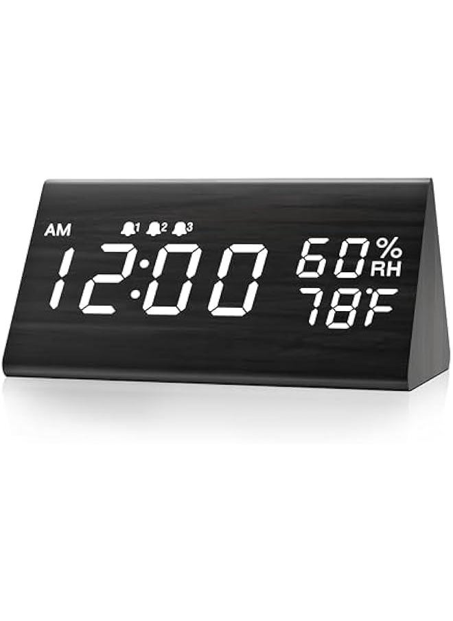 Beauenty - Digital Alarm Clock, with Wooden Electronic LED Time Display, 3 Alarm Settings, Humidity & Temperature Detect, Wood Made Electric Clocks for Bedroom, Bedside (Black) - Image 1