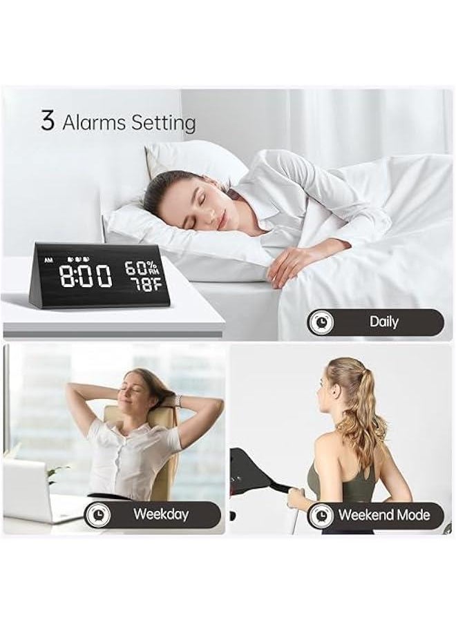 Beauenty - Digital Alarm Clock, with Wooden Electronic LED Time Display, 3 Alarm Settings, Humidity & Temperature Detect, Wood Made Electric Clocks for Bedroom, Bedside (Black) - Image 1