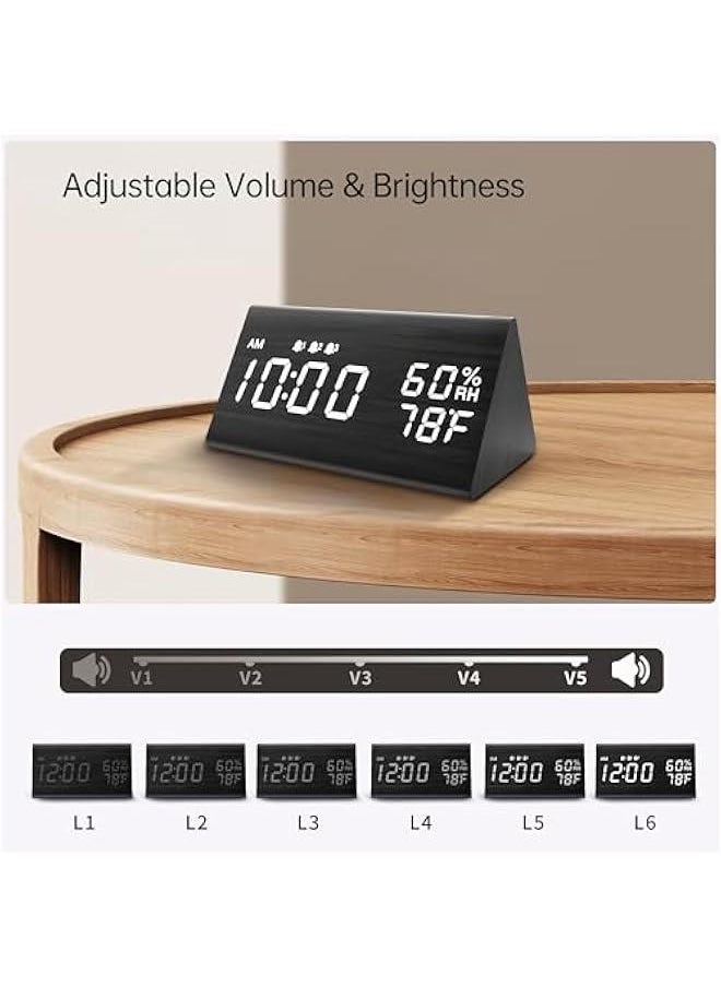 Beauenty - Digital Alarm Clock, with Wooden Electronic LED Time Display, 3 Alarm Settings, Humidity & Temperature Detect, Wood Made Electric Clocks for Bedroom, Bedside (Black) - Image 1