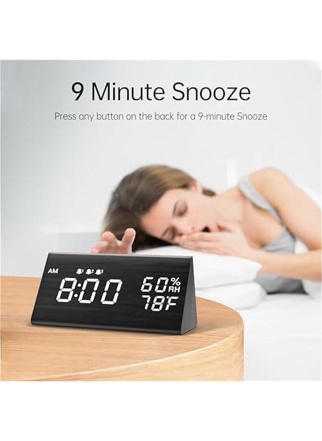 Beauenty - Digital Alarm Clock, with Wooden Electronic LED Time Display, 3 Alarm Settings, Humidity & Temperature Detect, Wood Made Electric Clocks for Bedroom, Bedside (Black) - Image 1