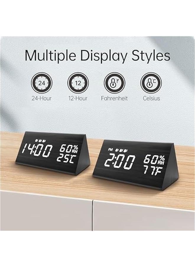 Beauenty - Digital Alarm Clock, with Wooden Electronic LED Time Display, 3 Alarm Settings, Humidity & Temperature Detect, Wood Made Electric Clocks for Bedroom, Bedside (Black) - Image 1