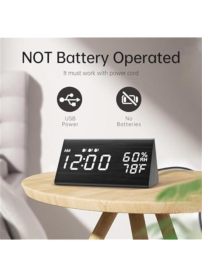 Beauenty - Digital Alarm Clock, with Wooden Electronic LED Time Display, 3 Alarm Settings, Humidity & Temperature Detect, Wood Made Electric Clocks for Bedroom, Bedside (Black) - Image 1