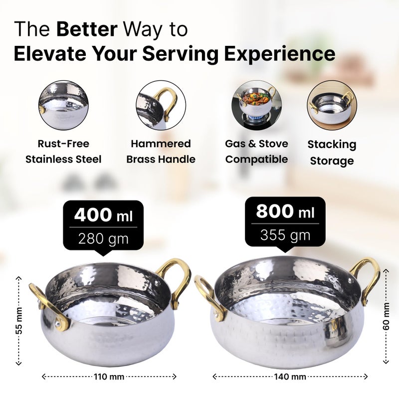 Kuber Industries (400ml & 800ml) Stainless Steel Serveware Bowl Set of 2 | Hammered Design Food & Rice Bowl for Serving | Mixing Bowls for Kitchen Utensils | Belly Shape Serving Handi | Silver - Image 3