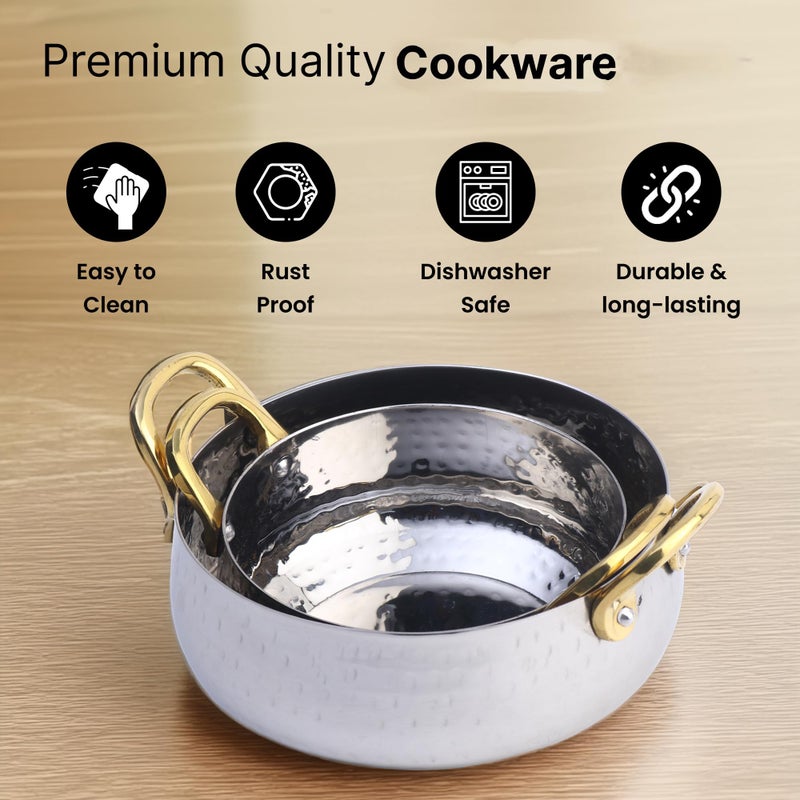 Kuber Industries (400ml & 800ml) Stainless Steel Serveware Bowl Set of 2 | Hammered Design Food & Rice Bowl for Serving | Mixing Bowls for Kitchen Utensils | Belly Shape Serving Handi | Silver - Image 2