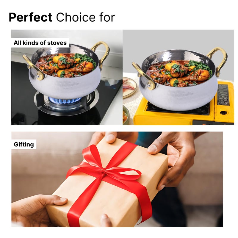 Kuber Industries (400ml & 800ml) Stainless Steel Serveware Bowl Set of 2 | Hammered Design Food & Rice Bowl for Serving | Mixing Bowls for Kitchen Utensils | Belly Shape Serving Handi | Silver - Image 4