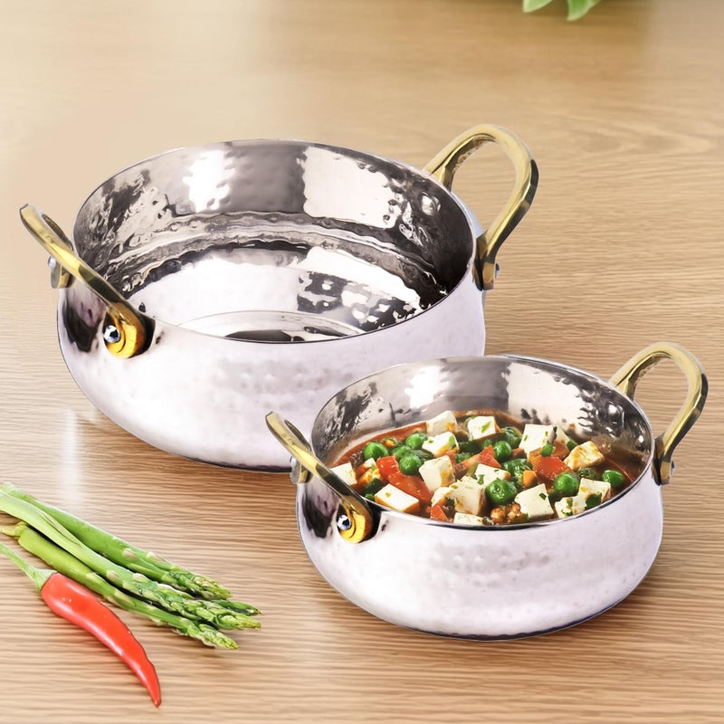 Kuber Industries (400ml & 800ml) Stainless Steel Serveware Bowl Set of 2 | Hammered Design Food & Rice Bowl for Serving | Mixing Bowls for Kitchen Utensils | Belly Shape Serving Handi | Silver - Image 1