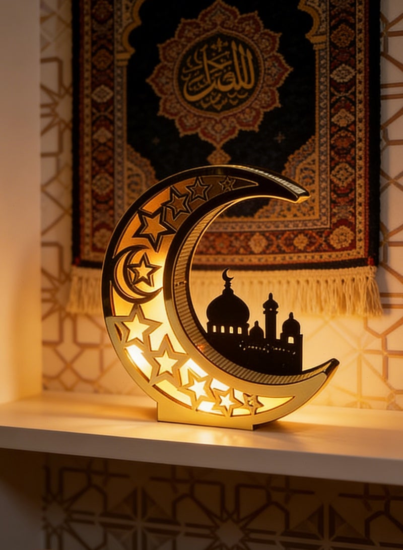 Yoawllty Ramadan Decorations Moon Lamp, Ramadan Decorations Wooden LED Lights Moon Desktop Ornaments for Muslims Home Table Decoration - Image 1