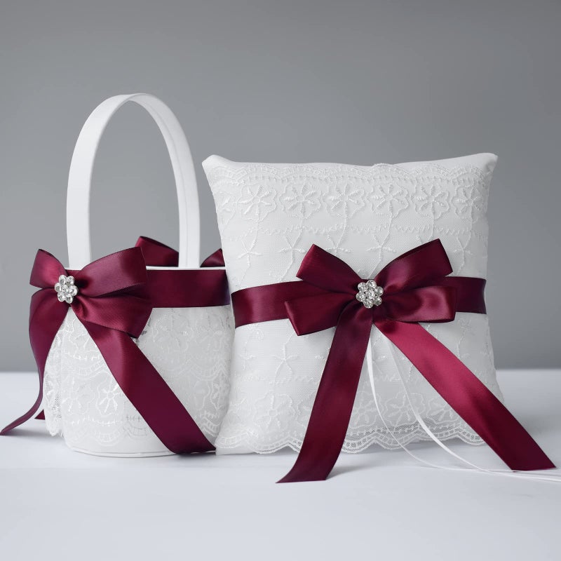 ATAILOVE ATAILOVE Flower Girl Baskets and Ring Pillow Set for Wedding  Double Lace Accented Royal Design Dark Red 