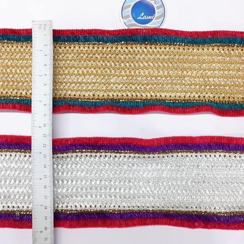 Lami لامي شريط قماش فضي بطول 9 متر مع حواف مخملية حمراء وخضراء، حواف ساري بناراسي، أشرطة، ساري زفاف، دوباتا، بدلة أناركالي، حواف هندية، زينة حواف - Image 4