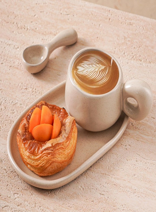 Uaral Ceramic Coffee Mugs Set,Cups Set with Saucer and Spoon for Coffee/Tea Break,Latte Breakfast.10oz Coffee Mug,8inch Ceramic Serving Tray and Spoon.3 Piece,Matte Cream - Image 3