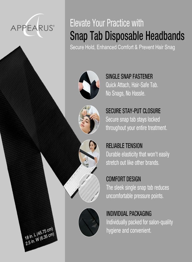 Appearus Professional Disposable Headbands with Single Snap Tab - 100 Pack Individually Wrapped Spa Headbands for Estheticians, Makeup Artists & Salon Professionals, Black - Image 3