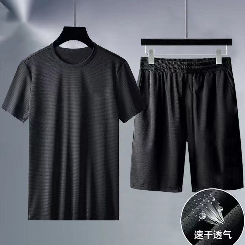 Mens Summer Ice Silk Sportswear Set Black Short Sleeve Shorts 