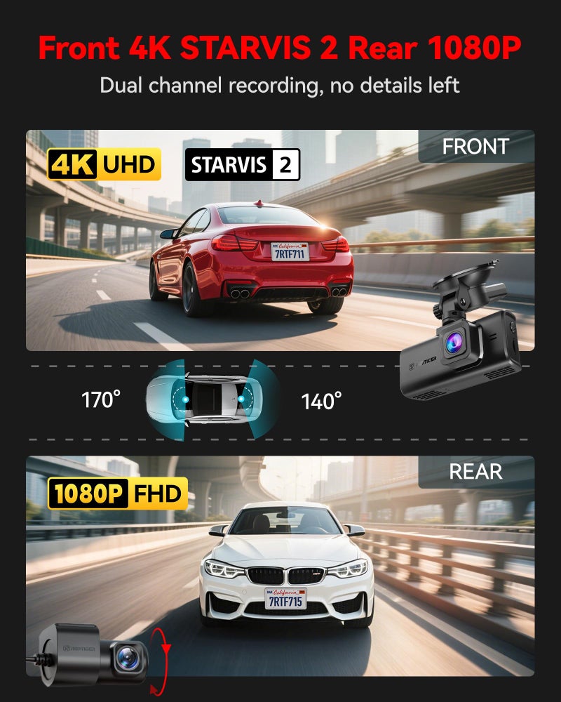 REDTIGER F7NT 4K Dual Channel Dash Cam, STARVIS 2 Sensor, 3.18" Touch Screen, Built-in 5GHz WiFi & GPS, Voice Control, Night View, WDR, Loop Recording, Parking Mode, 128GB Card Included - Image 2