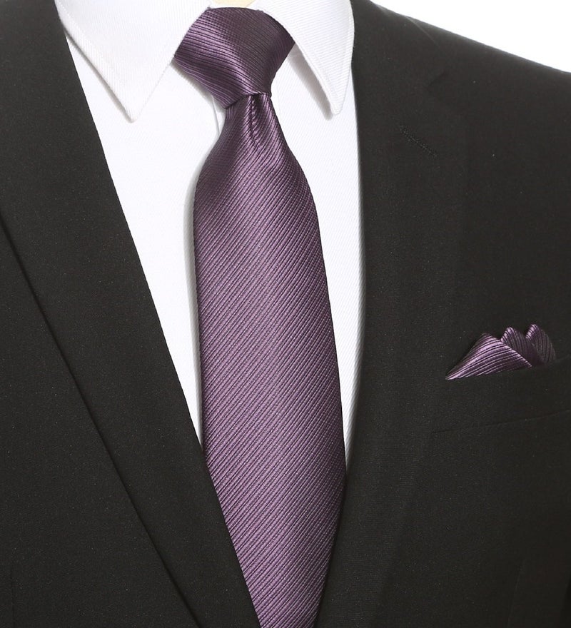 KissTies Plum Tie Set Purple Necktie Solid Striped Ties + Pocket Square - Image 3