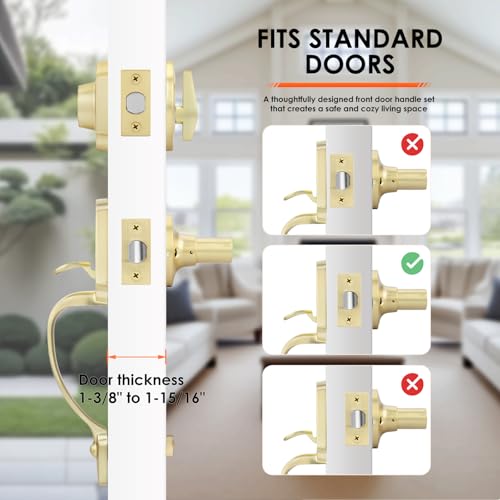 Haidms Gold Front Door Handle and Deadbolt Set, Front Door Lock Set, Gold Entry Door Locksets with Deadbolt Single Cylinder, Exterior Door Handle with Reversible Handle Lever - Image 4