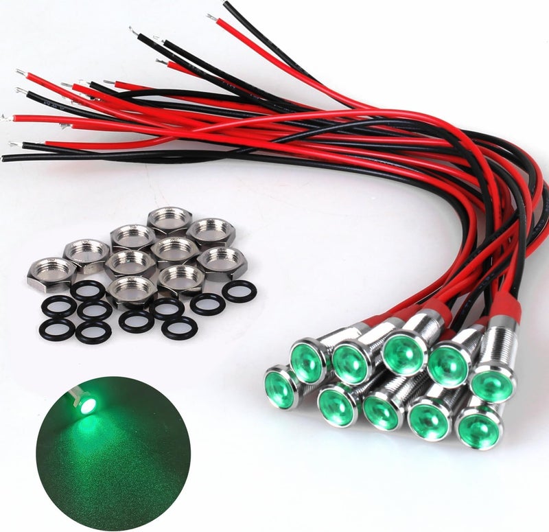 DMWD 10Pcs 6mm (1/4") Energy Saving LED Indicator Light 12V-24V 20mA Metal Waterproof Wide Flat Head Signal Lamp Pilot Dash Directional with Wire （Green LED） - Image 1