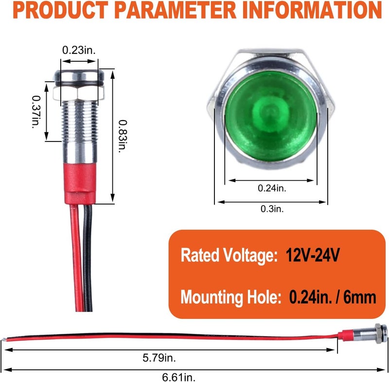 DMWD 10Pcs 6mm (1/4") Energy Saving LED Indicator Light 12V-24V 20mA Metal Waterproof Wide Flat Head Signal Lamp Pilot Dash Directional with Wire （Green LED） - Image 2