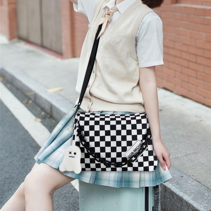 DOB SECHS Crossbody Purse Bag for Women Small Shoulder Hobo Bag Messenger Bag with Kawaii Pins and Pendent (Checkered - L) - Image 2