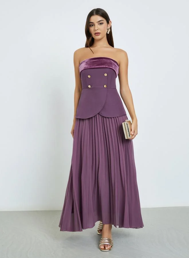 Purple Bandeau Neck Pleated Maxi Dress