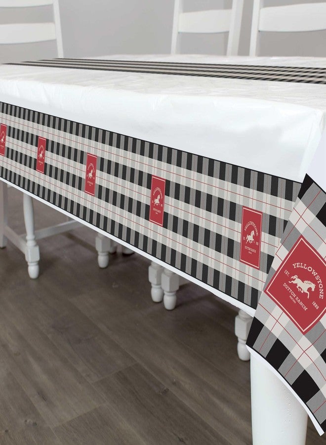 Prime Party Yellowstone (Table Cover), Printed Plastic Measures 108" x 54" with Buffalo Check Printed Down Along Edges and as a Runner Down The Middle– with Dutton Ranch Logo