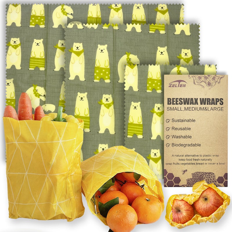 Zelten Beeswax Reusable Food Wraps - (3 Packs, 3 Sizes S,M,L) Plastic and Silicone Free, Eco-friendly Wrap, Wax Paper for Food,Little bear - Image 1